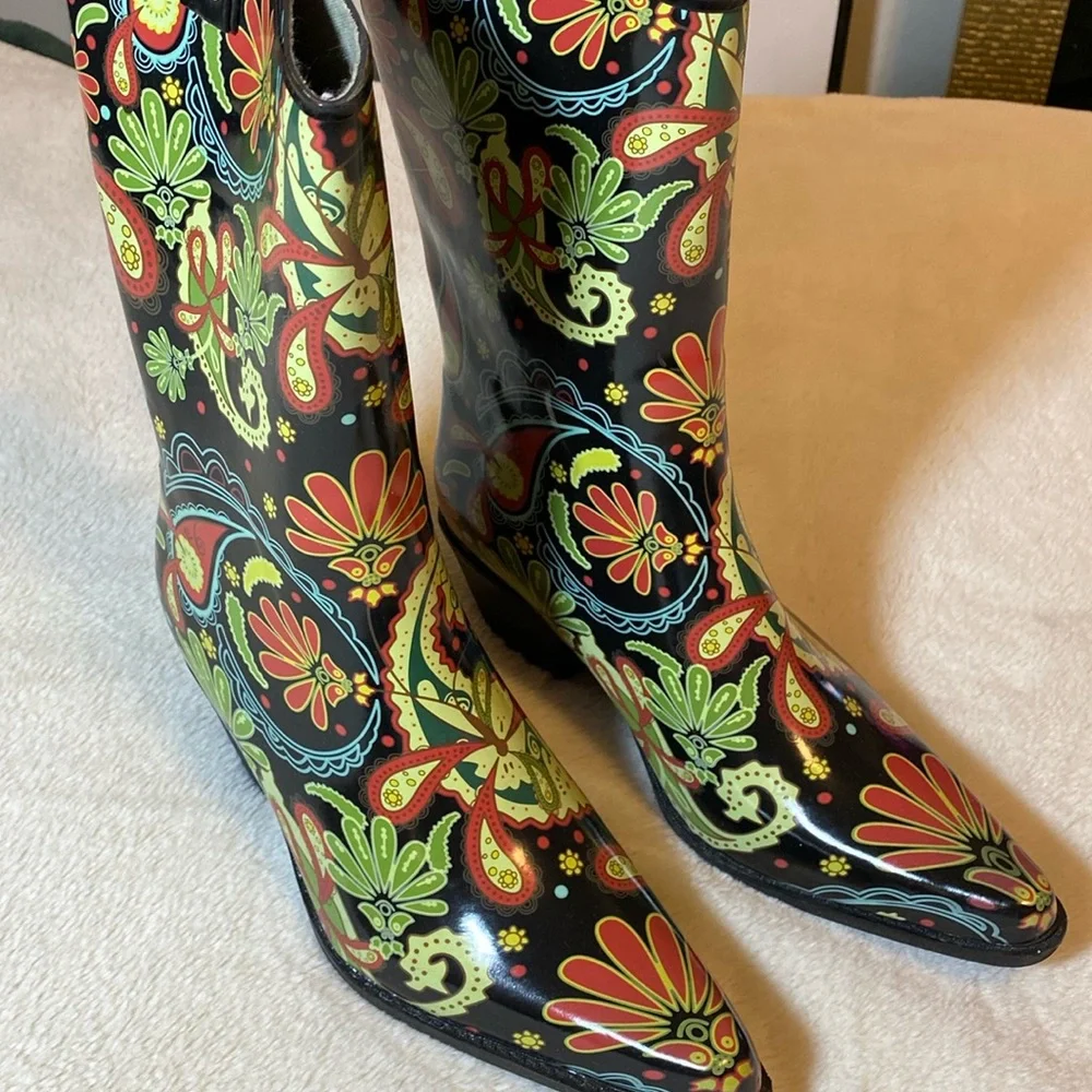 Nomad Black Floral Paisley Rain Boots with Multicolor Accents